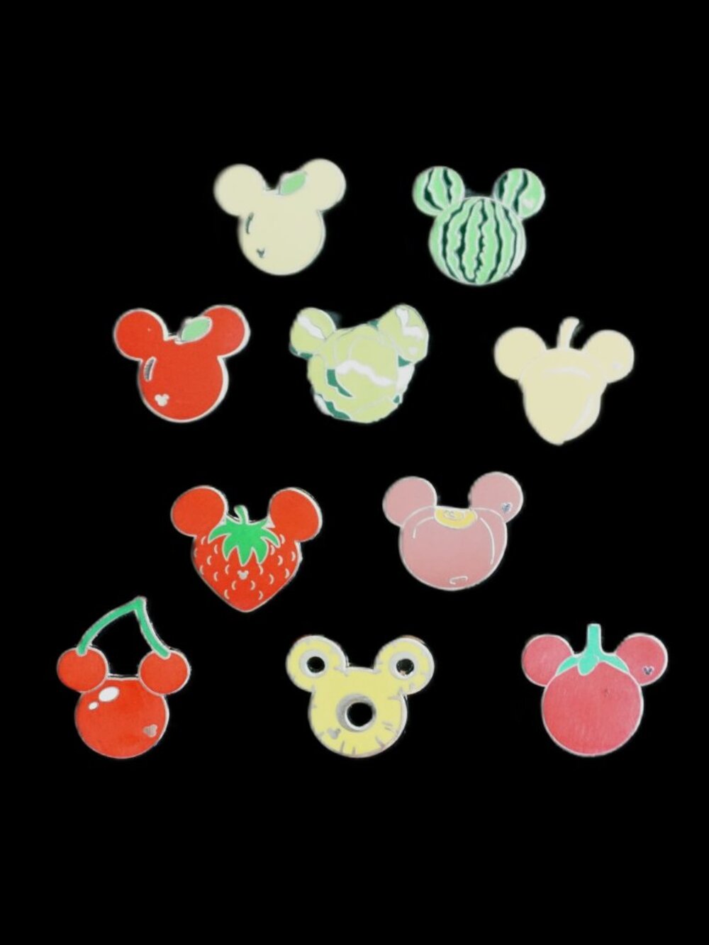 Disney Pin Trading 10 Pin Lot Featuring Mickey Head Fruit and Vegetables (082)